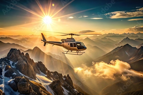 Scenic helicopter flying over mountains with sun reflection