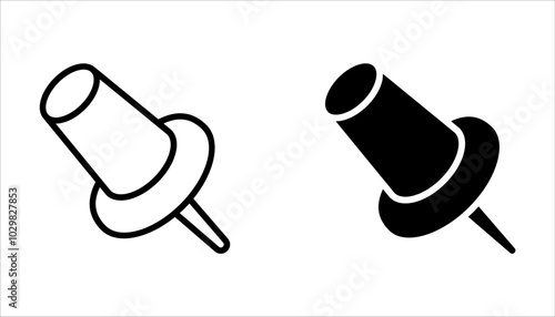 Push pin icon set. Linear and silhouette style on white background