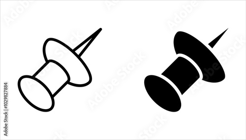 Push pin icon set. Linear and silhouette style on white background