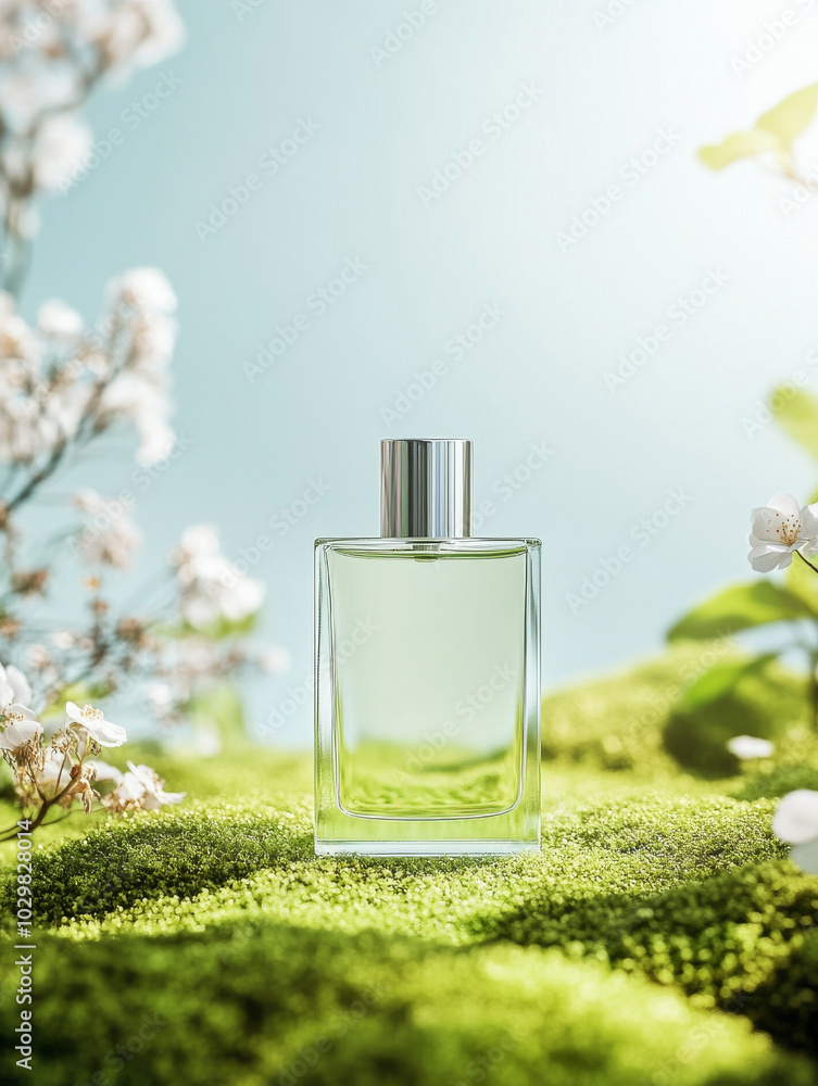 A clear glass perfume bottle sits elegantly on lush green moss, surrounded by delicate white flowers. soft, natural light enhances refreshing and serene atmosphere, evoking sense of tranquility and fr A clear glass perfume bottle sits elegantly on lush green moss, surrounded by delicate white flowers. soft, natural light enhances refreshing and serene atmosphere, evoking sense of tranquility and fr