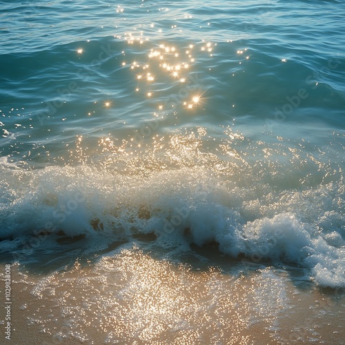 A tranquil turquoise sea with rippling waves and delicate foam sparkling under the golden rays of the sun photo