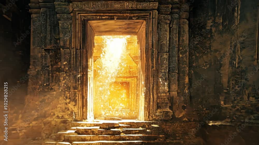 A bright light shines through the doorway of an ancient temple, illuminating the steps leading inside A bright light shines through the doorway of an ancient temple, illuminating the steps leading inside