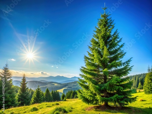 Lush Fir Tree in a Serene Landscape with Clear Blue Sky and Copy Space for Text Overlay, Perfect for Nature and Seasonal Themes