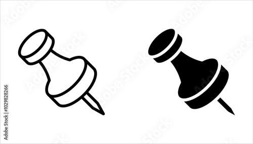 Push pin icon set. Linear and silhouette style on white background