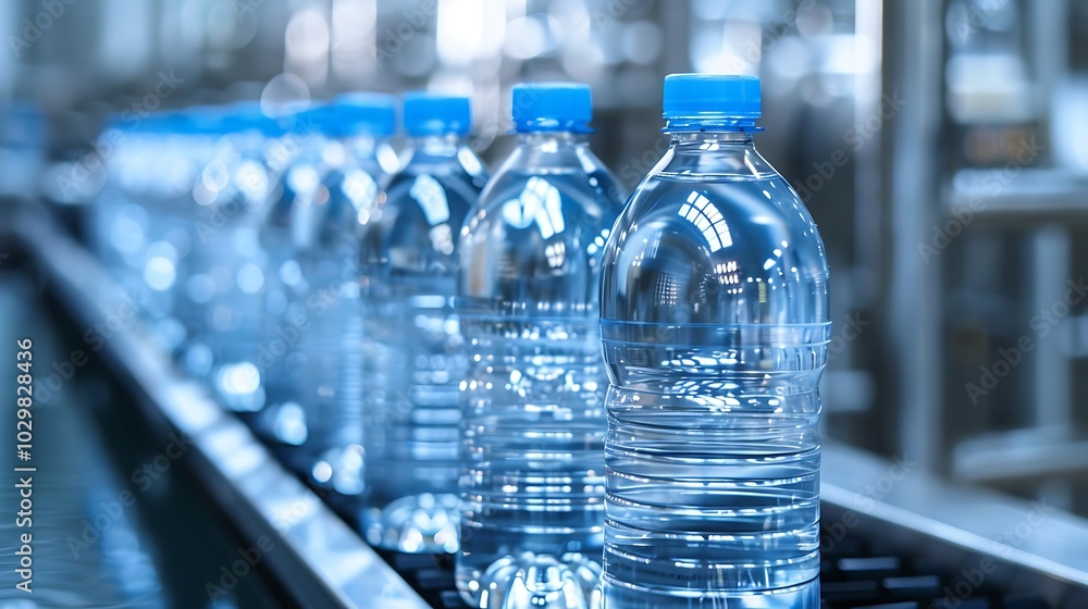 Plastic bottles with water on conveyor belt in factory
