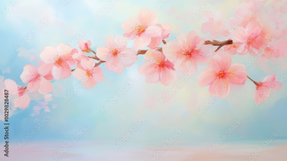 A painting of a pink cherry blossom tree branch with pink flowers. The painting has a serene and peaceful mood, with the pink flowers and blue sky creating a calming atmosphere A painting of a pink cherry blossom tree branch with pink flowers. The painting has a serene and peaceful mood, with the pink flowers and blue sky creating a calming atmosphere