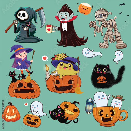 Vintage Halloween poster design with vector reaper, vampire, mummy, witch, ghost, cat character. 