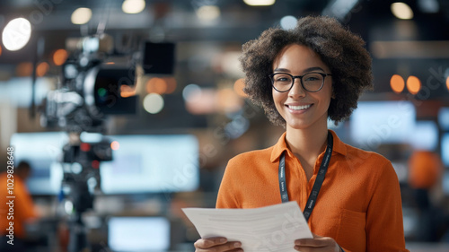 A confident woman with curly hair smiles while holding documents in studio setting, showcasing her professionalism and readiness for presentation