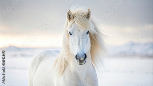 Symmetrical white Icelandic horse in snowy background