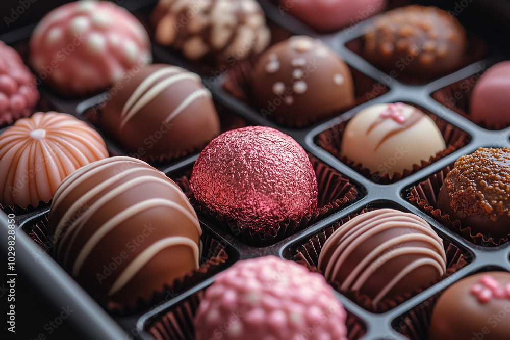 A box of chocolates with pink icing. A box of chocolates with pink icing.