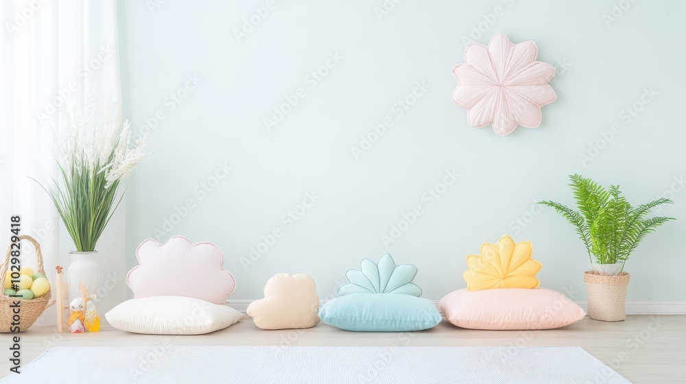 A cozy and colorful room featuring unique flower-shaped cushions and a calming pastel color scheme, perfect for relaxation. A cozy and colorful room featuring unique flower-shaped cushions and a calming pastel color scheme, perfect for relaxation.