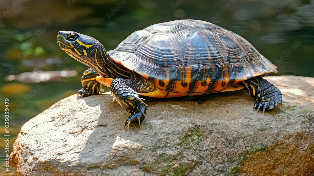 Obraz premium Turtle Basking on Rock by Tranquil Water Surface