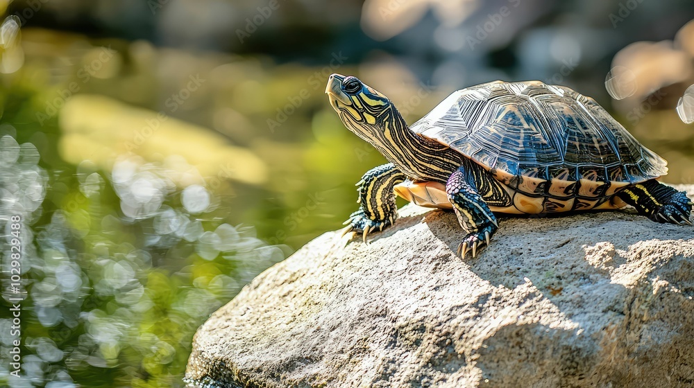 Obraz premium Turtle Basking on Rock by the Water