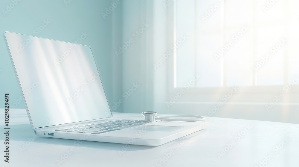 A laptop is sitting on a table with a medical device next to it. The laptop is open and the screen is blank. The scene suggests a medical setting A laptop is sitting on a table with a medical device next to it. The laptop is open and the screen is blank. The scene suggests a medical setting