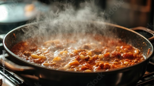 Steaming Chili Cooking in a Pot on the Stove