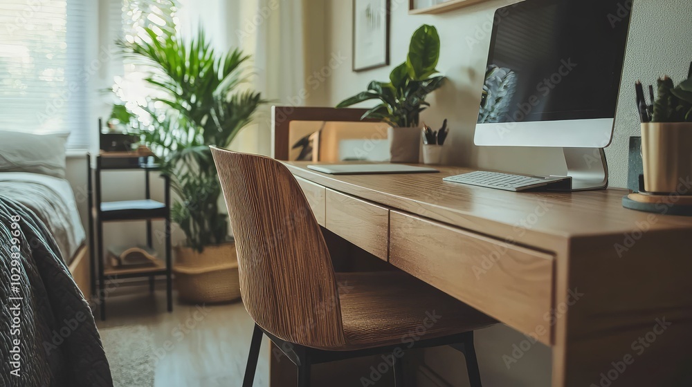 Sleek Bauhaus Style Desk in Modern Bedroom Setting Sleek Bauhaus Style Desk in Modern Bedroom Setting