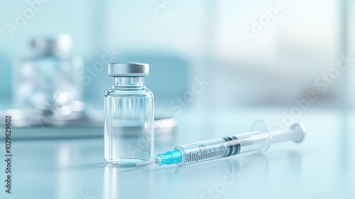 A bottle of medicine and a syringe are on a table. The bottle is clear and the syringe is blue. Scene is serious and medical