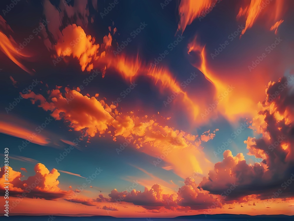 Naklejka premium A serene beach at sunset, with warm hues painting the horizon, gentle waves lapping the shore, and peaceful clouds above