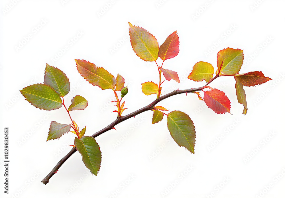 A close-up of a rose branch with green and red leaves, isolated on a white background. A close-up of a rose branch with green and red leaves, isolated on a white background.