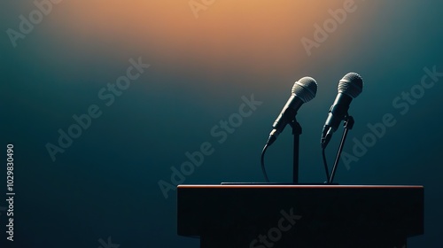 A simple wooden lectern with microphones against dark background with copy space