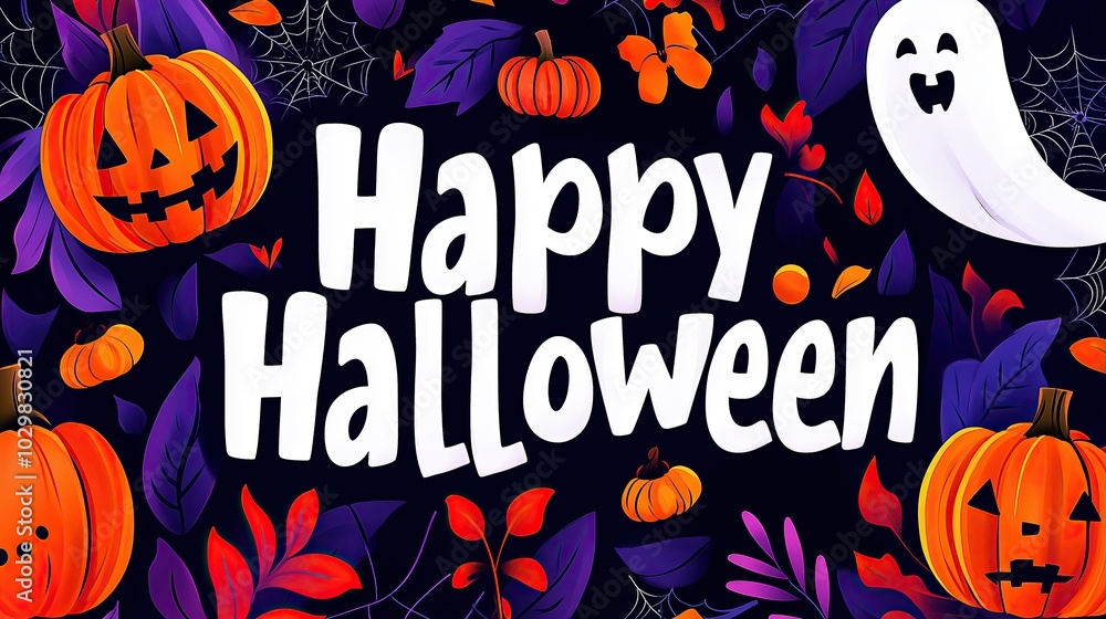 Happy Halloween Pumpkin Party! Spooky fun Halloween greeting card design with carved pumpkins, ghosts, autumn leaves, and cobwebs on a dark background. Perfect for banners, social media. Happy Halloween Pumpkin Party! Spooky fun Halloween greeting card design with carved pumpkins, ghosts, autumn leaves, and cobwebs on a dark background. Perfect for banners, social media.