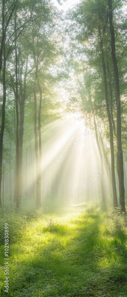 A forest with sunlight shining through the trees. The light is bright and warm, creating a peaceful and serene atmosphere. The trees are tall and green, with leaves rustling in the breeze A forest with sunlight shining through the trees. The light is bright and warm, creating a peaceful and serene atmosphere. The trees are tall and green, with leaves rustling in the breeze