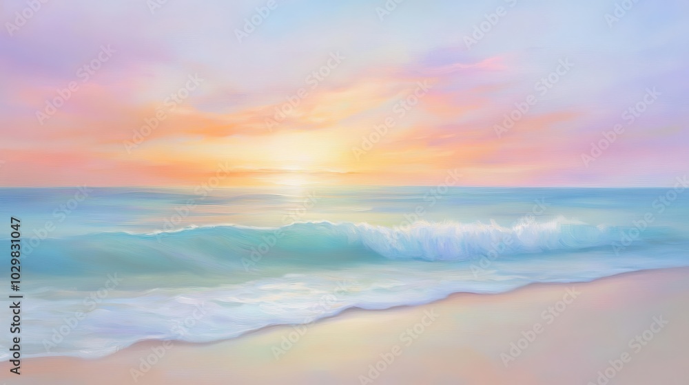 A painting of a beach with a sunset in the background. The sky is a mix of pink and blue, and the water is calm. The painting evokes a sense of peace and tranquility A painting of a beach with a sunset in the background. The sky is a mix of pink and blue, and the water is calm. The painting evokes a sense of peace and tranquility