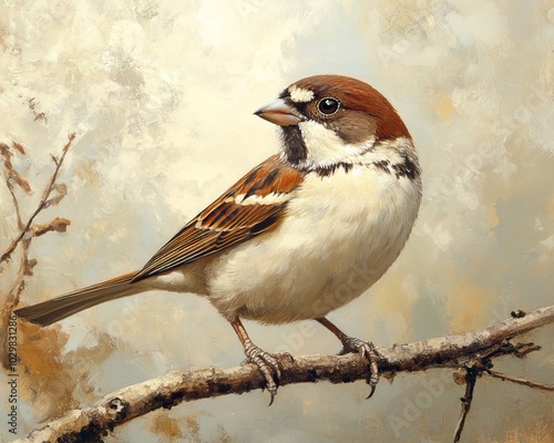 A brown and white sparrow perches on a branch against a soft, light background. photo