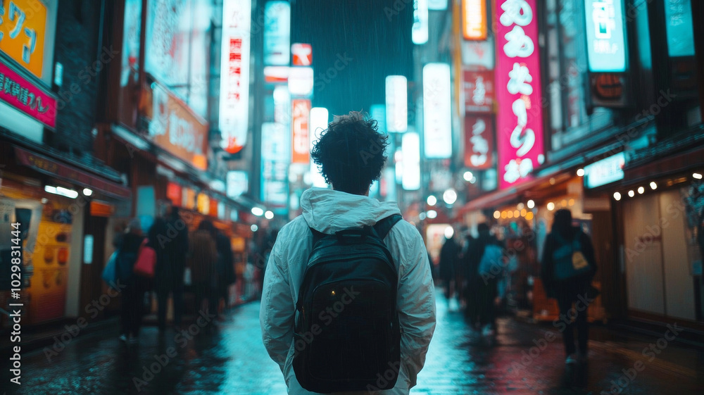 A person stands in vibrant urban street illuminated by neon signs, surrounded by bustling crowd. rainy atmosphere adds reflective quality to scene, enhancing lively city vibe A person stands in vibrant urban street illuminated by neon signs, surrounded by bustling crowd. rainy atmosphere adds reflective quality to scene, enhancing lively city vibe