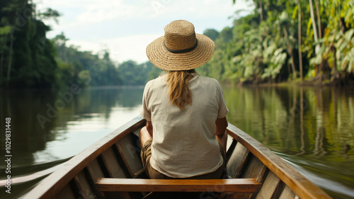 Exploring serene river, woman in straw hat enjoys tranquility of nature surrounded by lush greenery. peaceful atmosphere invites reflection and connection with environment