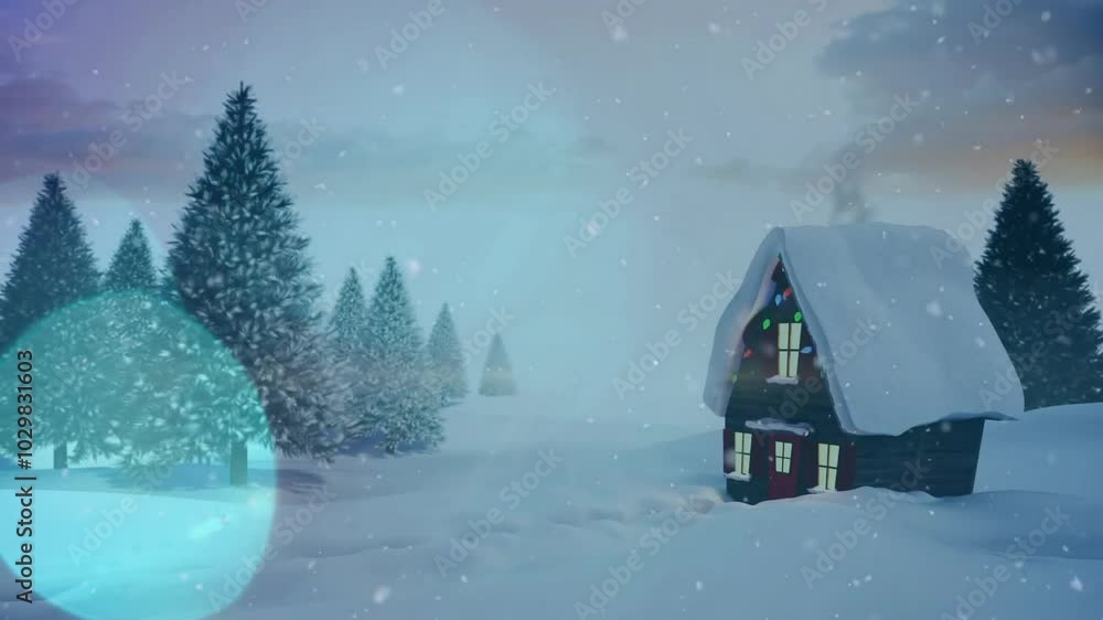 Snowflakes animation over snowy landscape with house and pine trees Snowflakes animation over snowy landscape with house and pine trees