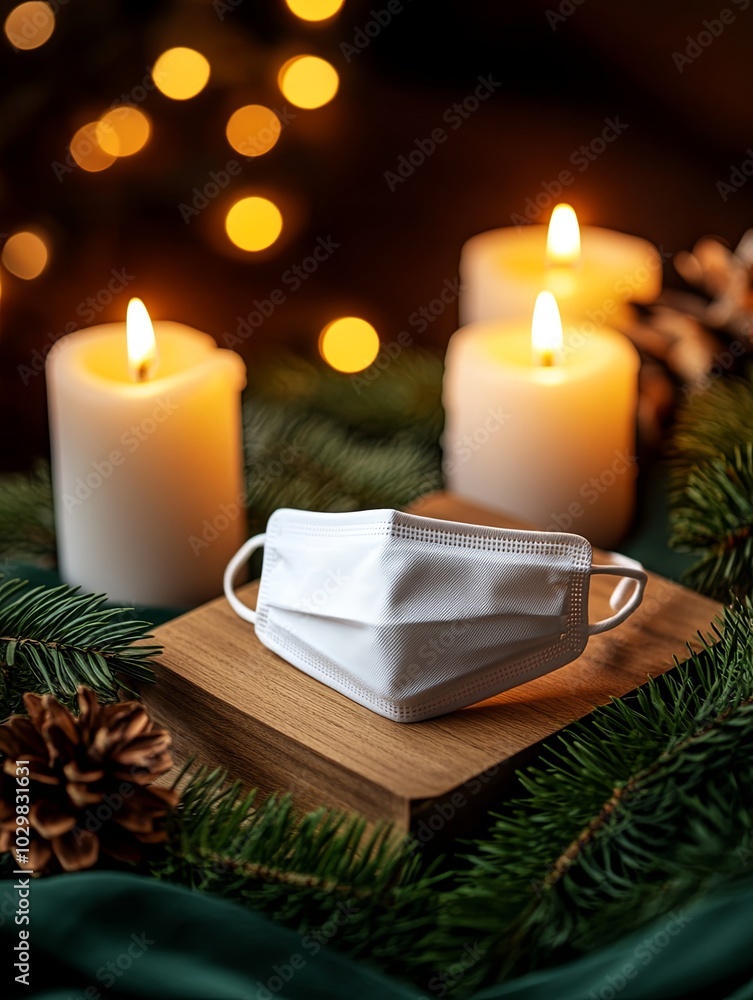 Festive scene with a mask surrounded by candles and greenery Festive scene with a mask surrounded by candles and greenery