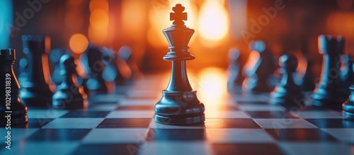 Wallpaper Mural A close-up of a black chess king piece standing on a chessboard in the middle of the frame, with other pieces out of focus in the background. Torontodigital.ca