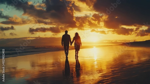 Romantic Couple Walking Hand in Hand at Sunset