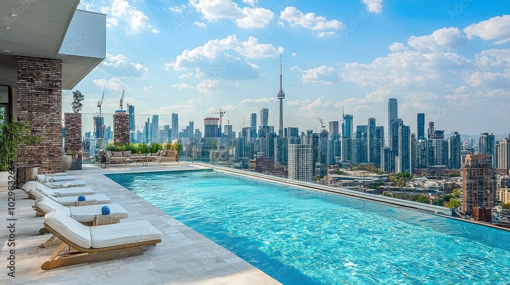 Naklejka premium Luxury Rooftop Pool with City Skyline View