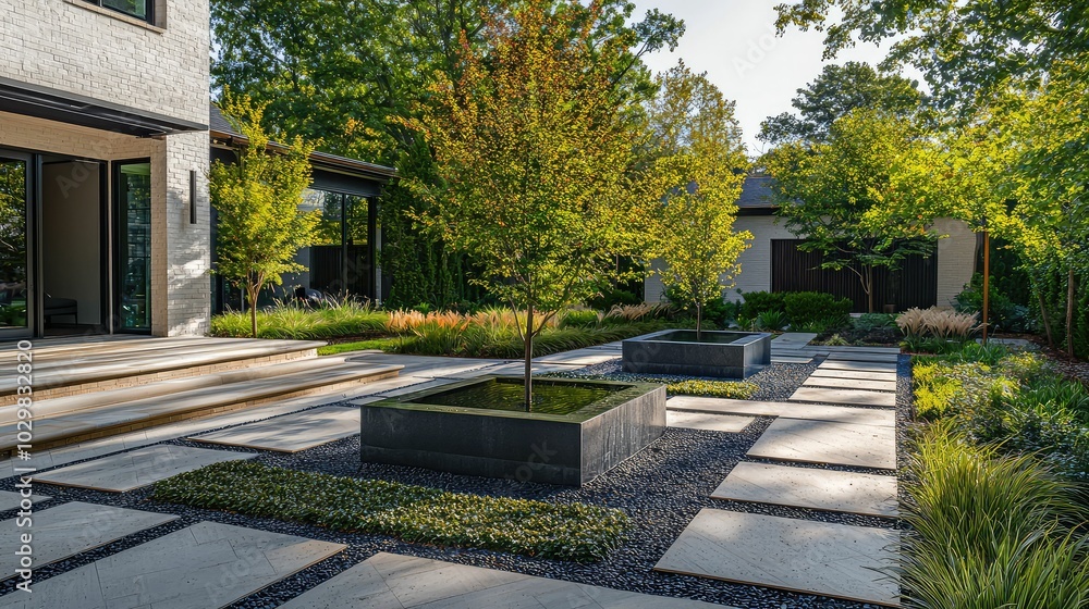 Fototapeta premium Modern Courtyard Design with Lush Greenery and Pathways