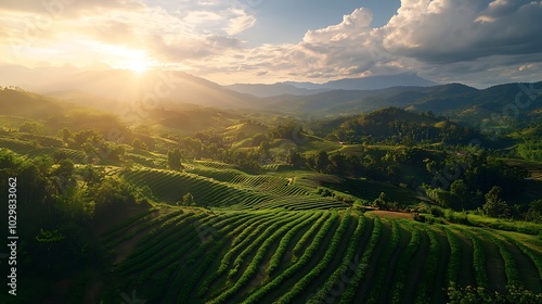 Terraced rice field at sunset.