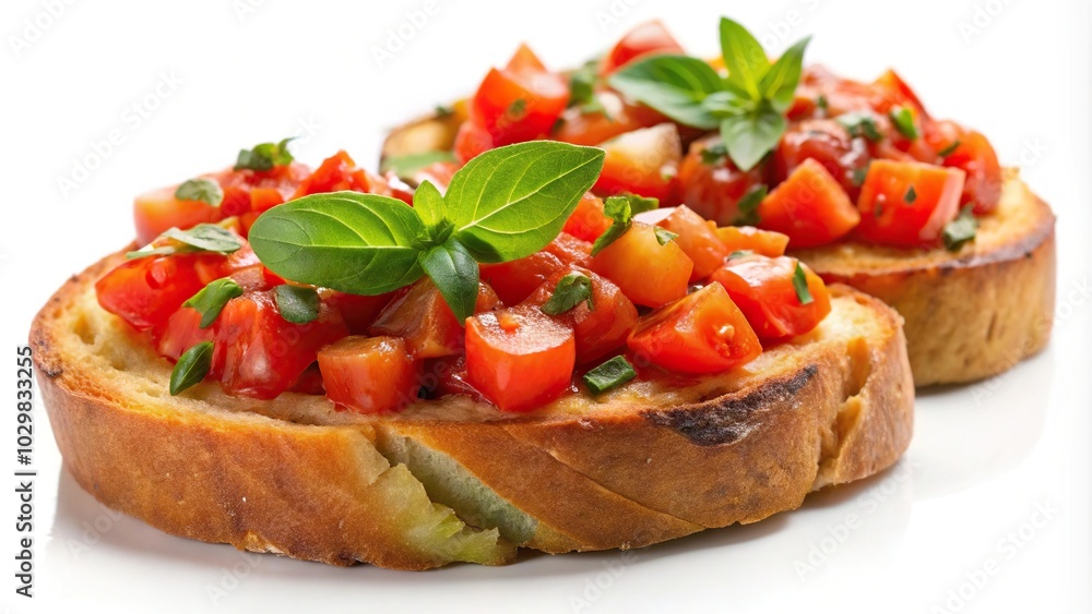 Tangy tomato bruschetta on white background Tangy tomato bruschetta on white background