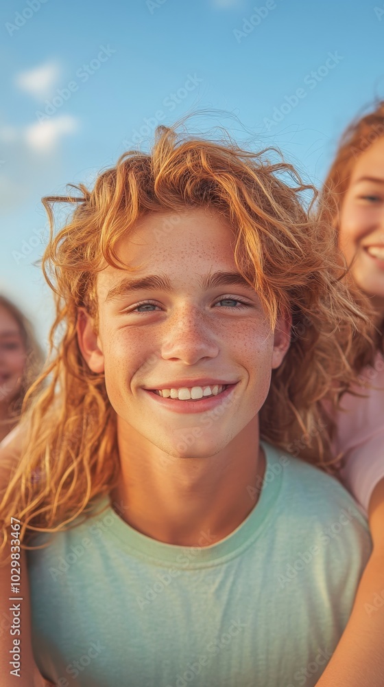 A young man with red hair is smiling and wearing a green shirt. He is surrounded by two other people, one of whom is also smiling. Scene is happy and friendly A young man with red hair is smiling and wearing a green shirt. He is surrounded by two other people, one of whom is also smiling. Scene is happy and friendly