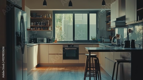 Modern Clean Kitchen with Dynamic Layout and Natural Light