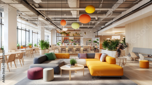 A modern office interior featuring spacious lounge area with colorful furniture, including large sectional sofa, round tables, and vibrant hanging decor. bright space is filled with plants, creating l photo