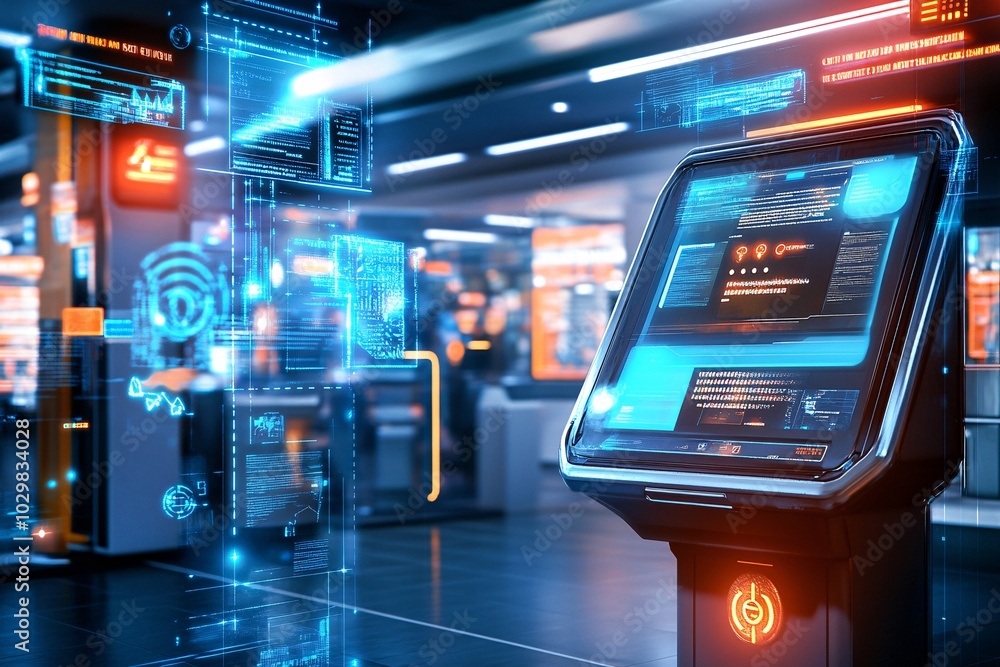 Obraz premium Futuristic Interface Kiosk with Digital Hologram Display.