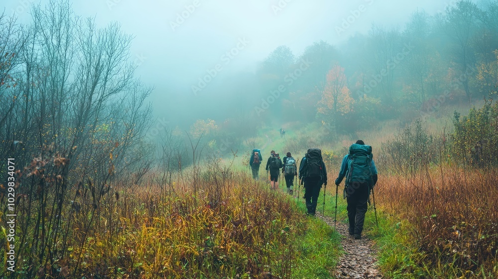 Hikers on a Foggy Morning Trail Adventure Hikers on a Foggy Morning Trail Adventure