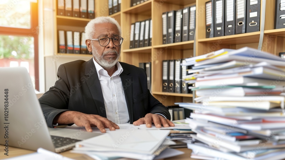 Focused businessman at desk with financial documents and laptop displaying earnings reports, conveying determination and attention to financial data analysis. Focused businessman at desk with financial documents and laptop displaying earnings reports, conveying determination and attention to financial data analysis.