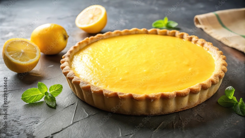Tasty homemade baked lemon tart pie dessert shot in wide angle Tasty homemade baked lemon tart pie dessert shot in wide angle
