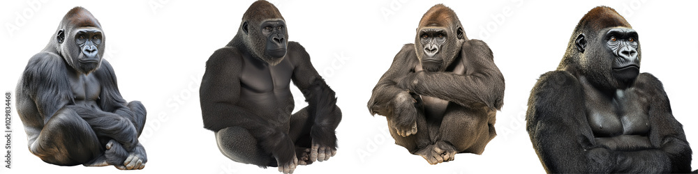 Gorillas sitting in various postures, white isolate background. Gorillas sitting in various postures, white isolate background.
