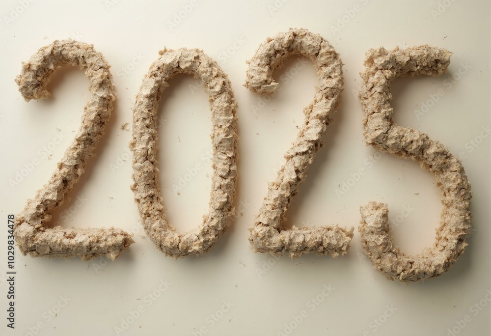 Numbers '2025' Formed By Textured Beige Material On A White Background Numbers '2025' Formed By Textured Beige Material On A White Background