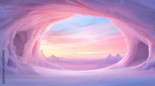 A large, empty cave with a pink sky above it. The cave is surrounded by mountains and the sky is a soft pink color