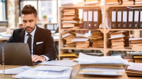 Focused businessman at desk with financial documents and laptop displaying earnings reports, conveying determination and attention to financial data analysis.