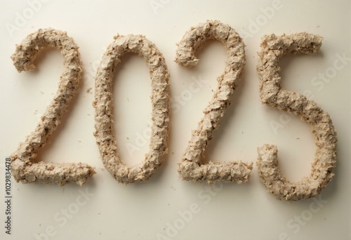 Numbers '2025' Formed By Textured Beige Material On A White Background